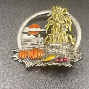 Signed JJ Harvest Brooch Fall Pumpkin Thanksgiving Jonette Jewelry Silver Tone